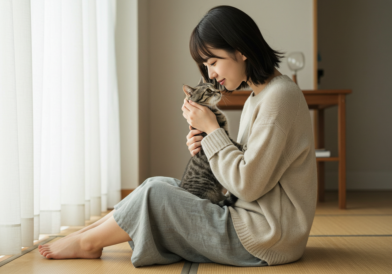 飼い主と見つめ合う猫