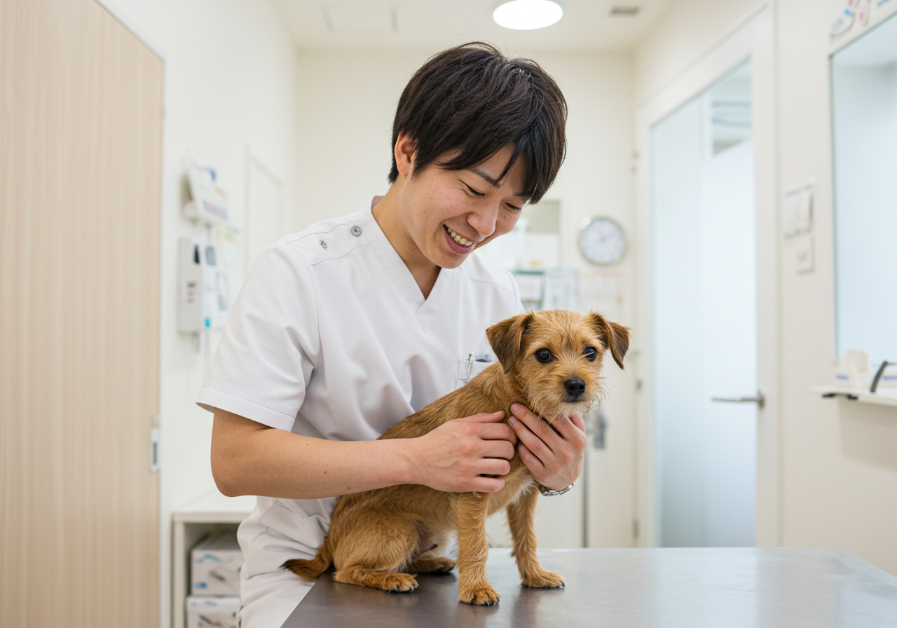 犬を診察する日本人獣医師