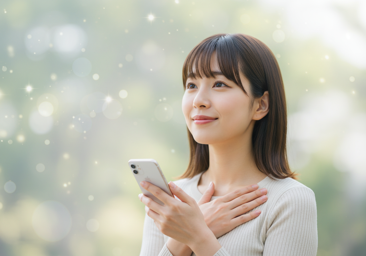 スマホを持ち安心感のある日本人女性