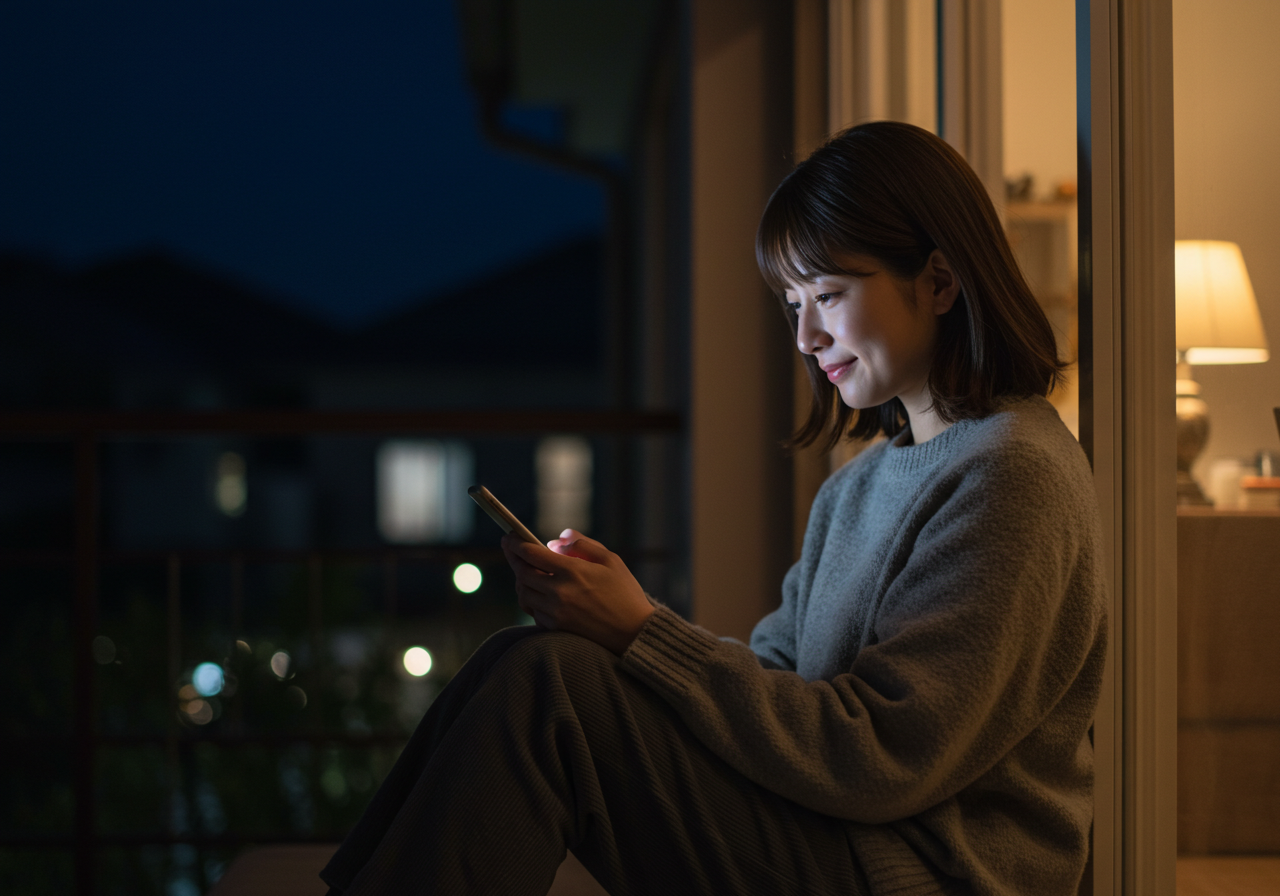 夜、自宅でスマホを手に取る女性