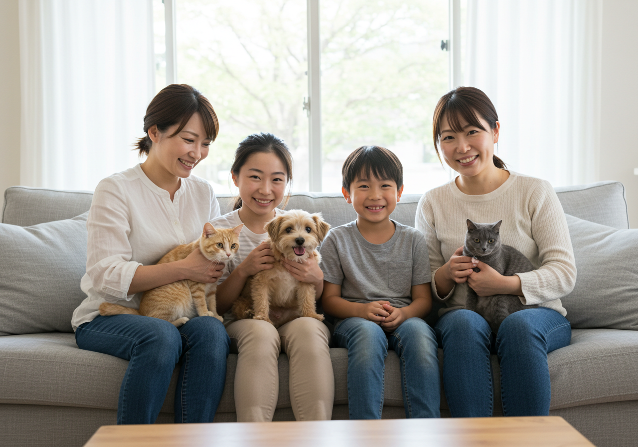 ペットと微笑む日本人家族