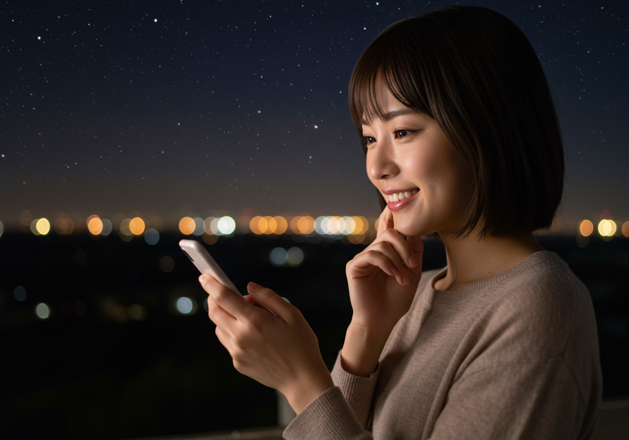 スマホを見て微笑む女性と夜空